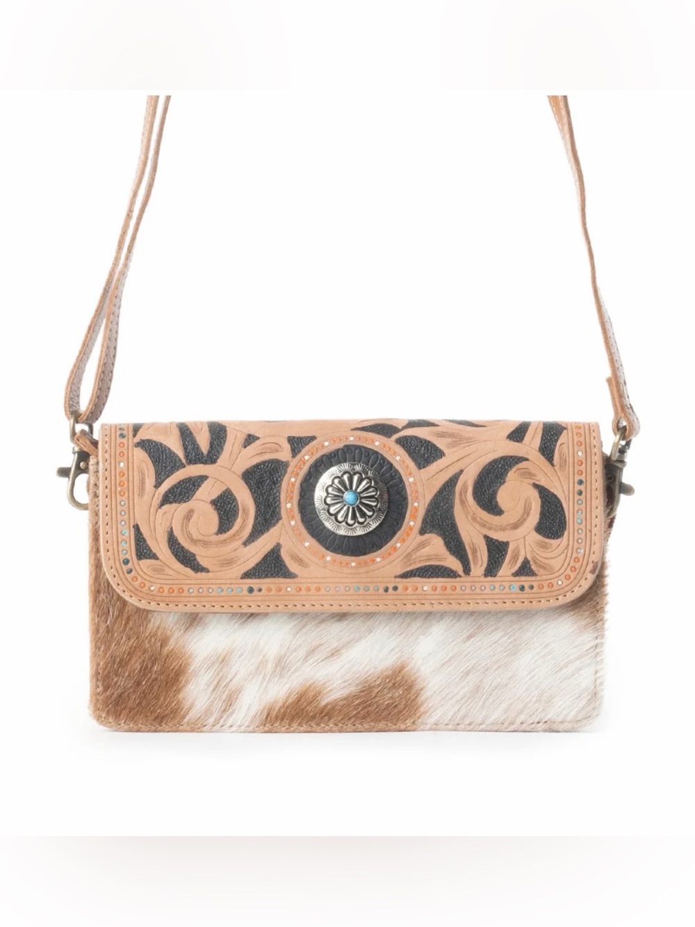 Western Tooled Leather & Hair-On Crossbody Clutch in Tan and White